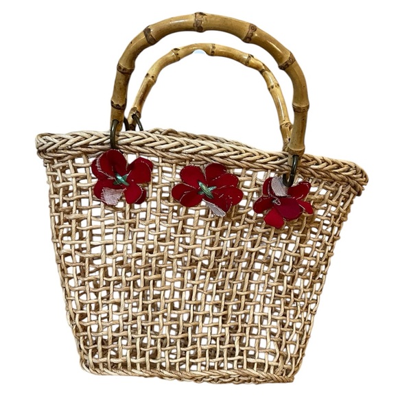 Handbags - Woven Straw Bag with Bamboo Handles and Red Floral Accents